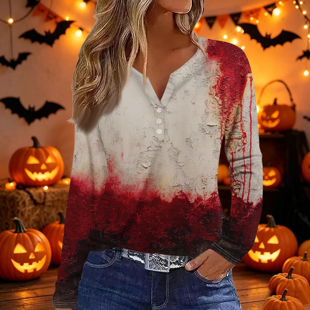 Women's Halloween Print V-Neck Long Sleeve T-Shirt with Button , Casual Fashion Top for Holiday Costume Party
