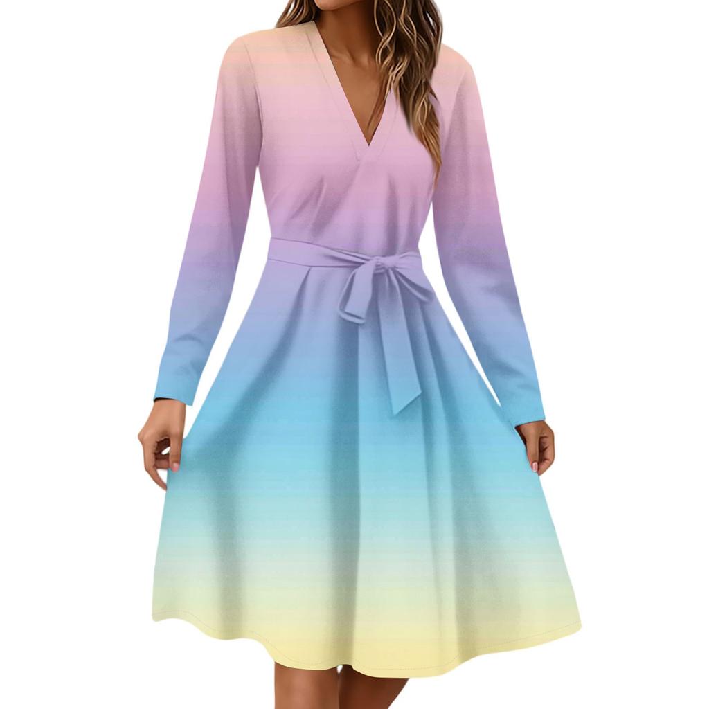 Women's Fashion Casual V-Neck Long Sleeve Waist Floral Print Midi Dress