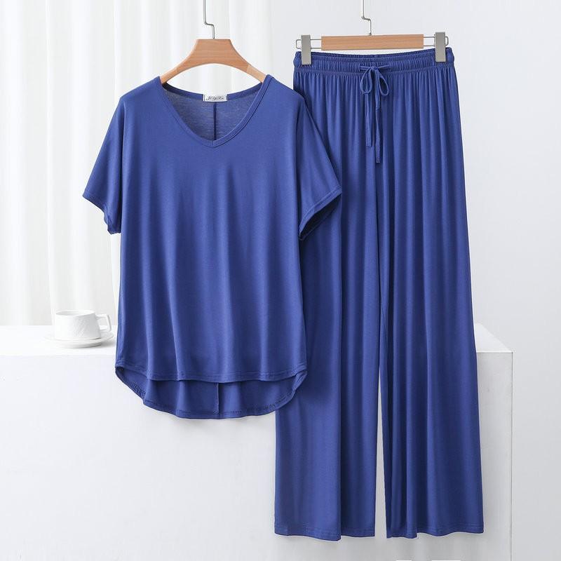 Summer Modal Homewear 2 Piece V-Neck Short Sleeve Tshirt and Wide Leg Pant Ankle Length Loose Sleepwear Set Comfort Pajama Sets