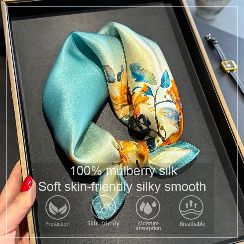 Luxury 100% Real Silk Scarf Women Gradient Floral Print Bandana Shawl Lady Neckerchief Handkerchief Female Decorative Wrap 53cm