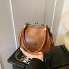 Vintage Kiss Lock Crossbody Bag PU Leather Solid Color Small Handbag Large Capacity Shoulder Bag