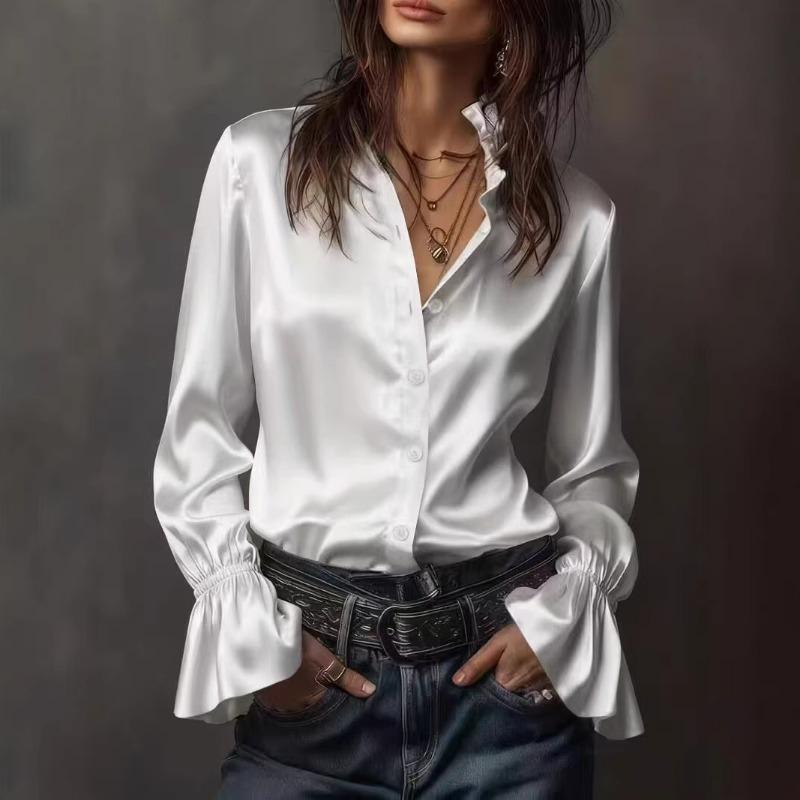 Jarní a podzimní nová francouzská saténová košile s volánky a dlouhým rukávem Dámský top