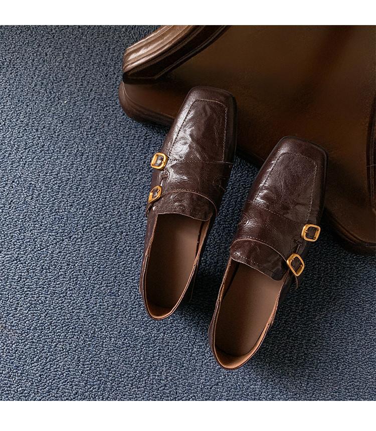 

Versatile haute couture private collection~ retro belt buckle one pedal flat loafers women s square head British single shoes women 39 коричневий