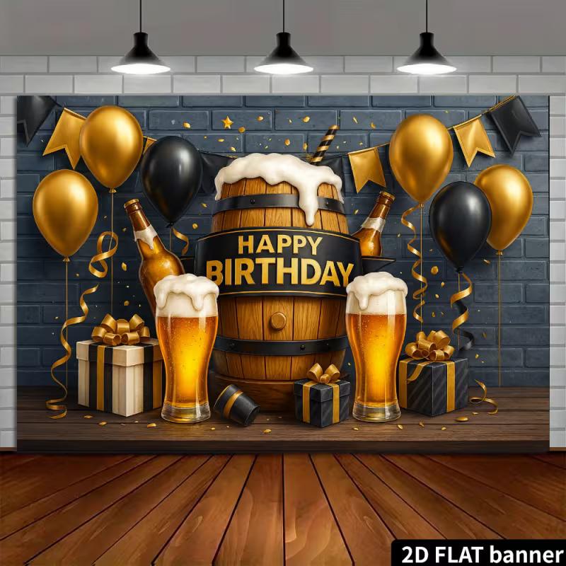 Bannière d'anniversaire 2D pour adulte, Tonneau de bière & Ballons Fête & Fond en direct