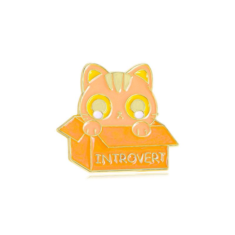 Creative Cartoon Box Cat Design Enamel Brooches Yellow Color Fatty Introvert Meow Fit Kitty Best Gift For Pet Owner Badge