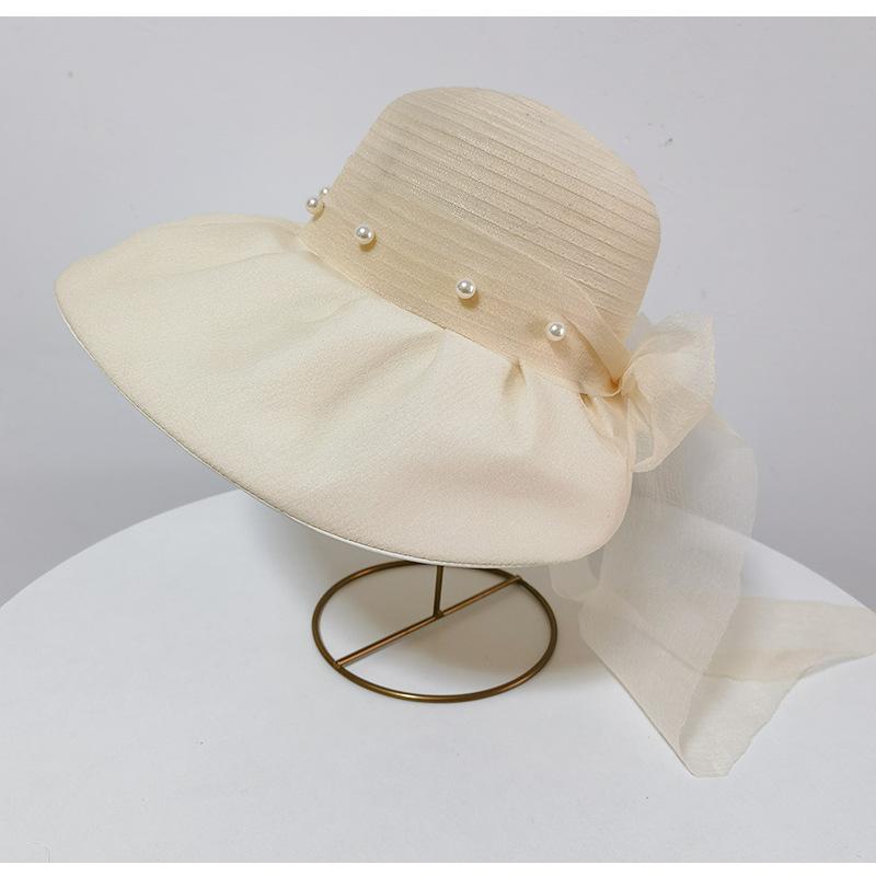 Big Brim Sun Hat Women's Summer New Pearl Mesh Temperament Color Glue Bucket Hat Women's UV Protection Sun Protection Hat