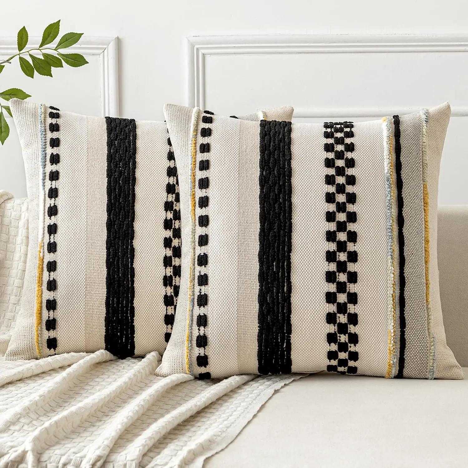 Jmg Clothing Unisex Black Boho Throw Pillow Covers 18X18 Inch Cushion Cases Multicolor Striped Chenille Pillow Covers Accent Pillowcase For Sofa