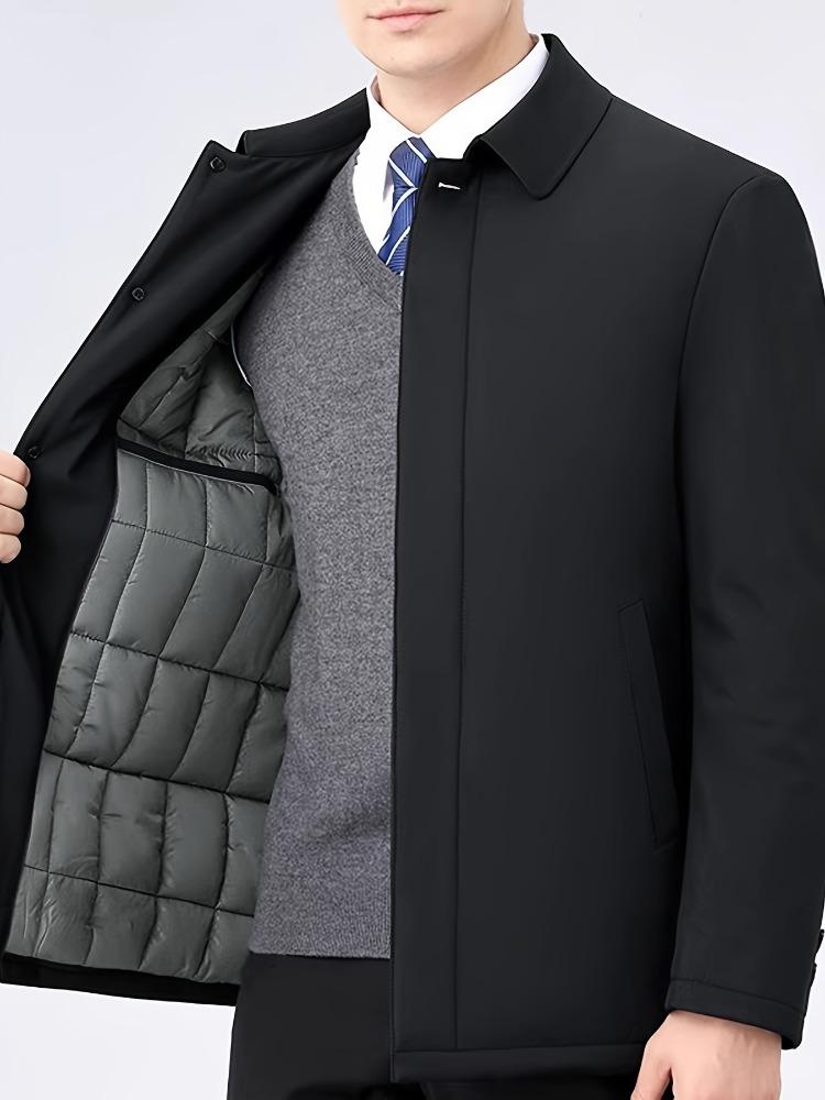 Hochwertige, einfarbige, lässige Herbst-/Winterjacke für Herren, nicht dehnbarer Polyesterstoff, normale Passform, mit dickem Futter und gewebtem Reverskragen