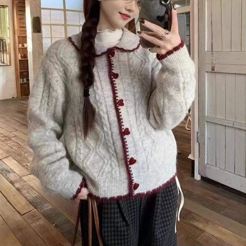 Spring and Autumn New Sweet and Gentle Wind Doll Collar Knitted Cardigan Women's Loose Love Button Soft Waxy Sweater Jacket