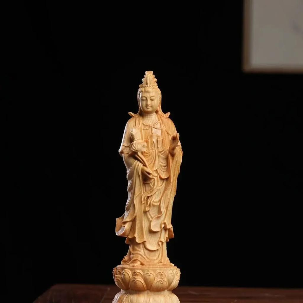 Cliff Cypress and Boxwood Carving San Sheng Guan Yin Bodhisattva Home Living Room Desktop Decoration Handicraft Holiday Gifts