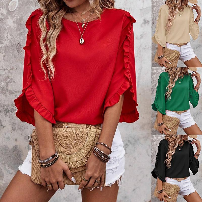 Ladies Summer Ruffles Half Sleeve Solid Color Pullover T Shirt Top
