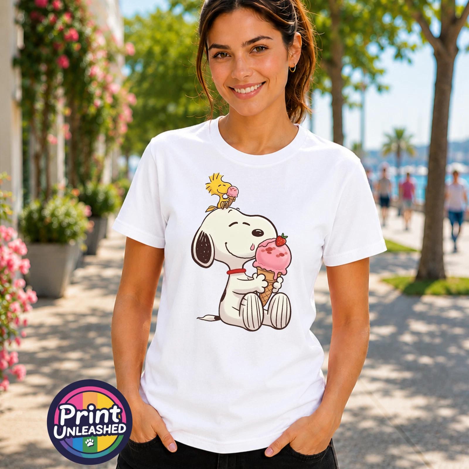 Beagle Ice Cream T-Shirt Ladies S-2XL Cotton Cute Summer Dog & Bird Top Gift L