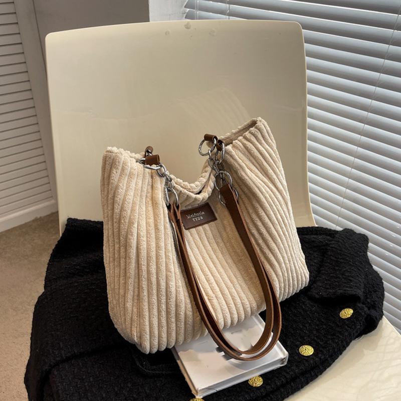 Women Corduroy Shoulder Bag Solid Color Handbag Shoulder Strap Large Capacity Simple Multifunctial Design Casual Totes