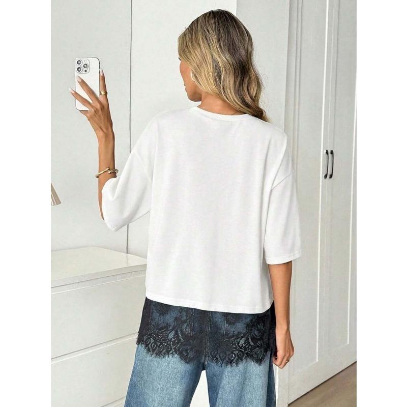 Women Crew Neck Loose Short Sleeve Lace Hem Splicing Casual Oversized T Shirt