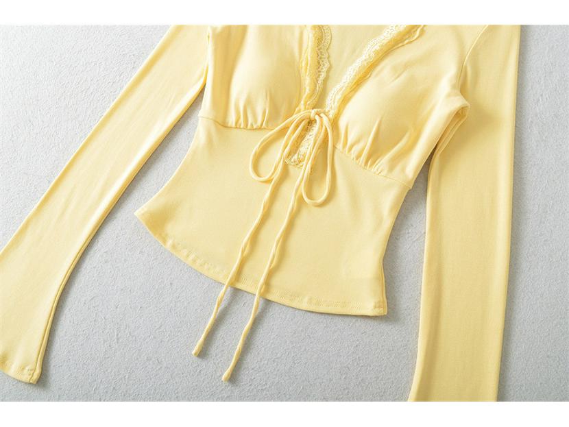 Women's Long Sleeve Lace Trim V-Neck Bell Sleeve Slim Fit Top for Autumn/Winter