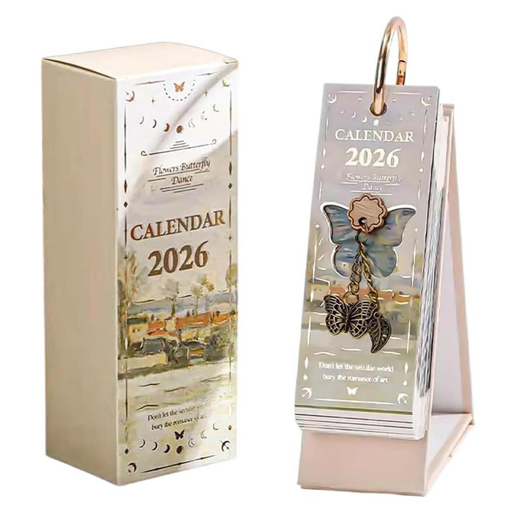 2026 Vintage European Oil Painting Flip Calendar, Creative Daily Tear-Off Calendar With Butterfly Pendant, Elegant Desktop Decoration For Home