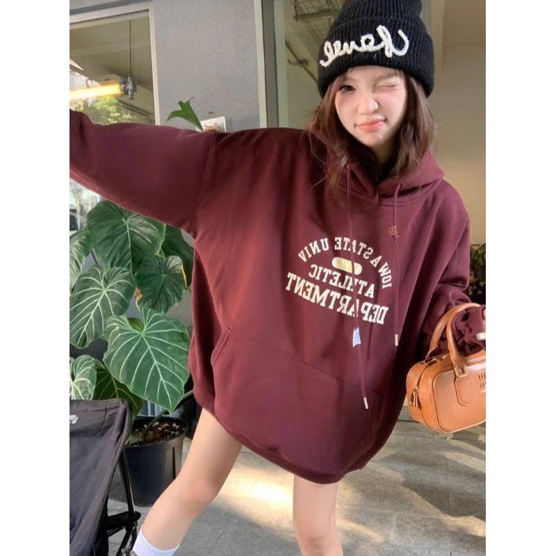 Retro Print Drawstring Hoodie Female New Arrival Loose and Lazy Style Autumn Fleece Thick Warm Jacket Tops