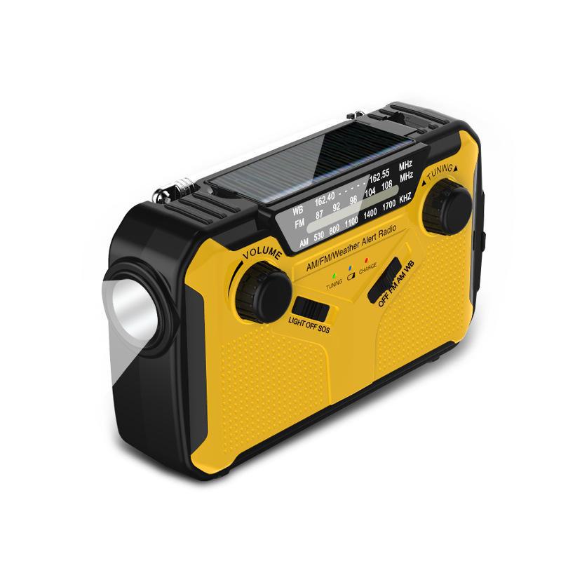 "Solar Hand-Crank Emergency Radio with Weather Alerts and Mobile Power Supply"
