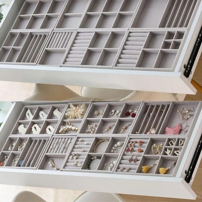 Plyšový organizér na šperky, odnímatelný tác, náušnice, náušnice, prsteny, náhrdelníky, úložný tác, zásuvka, přihrádkový tác