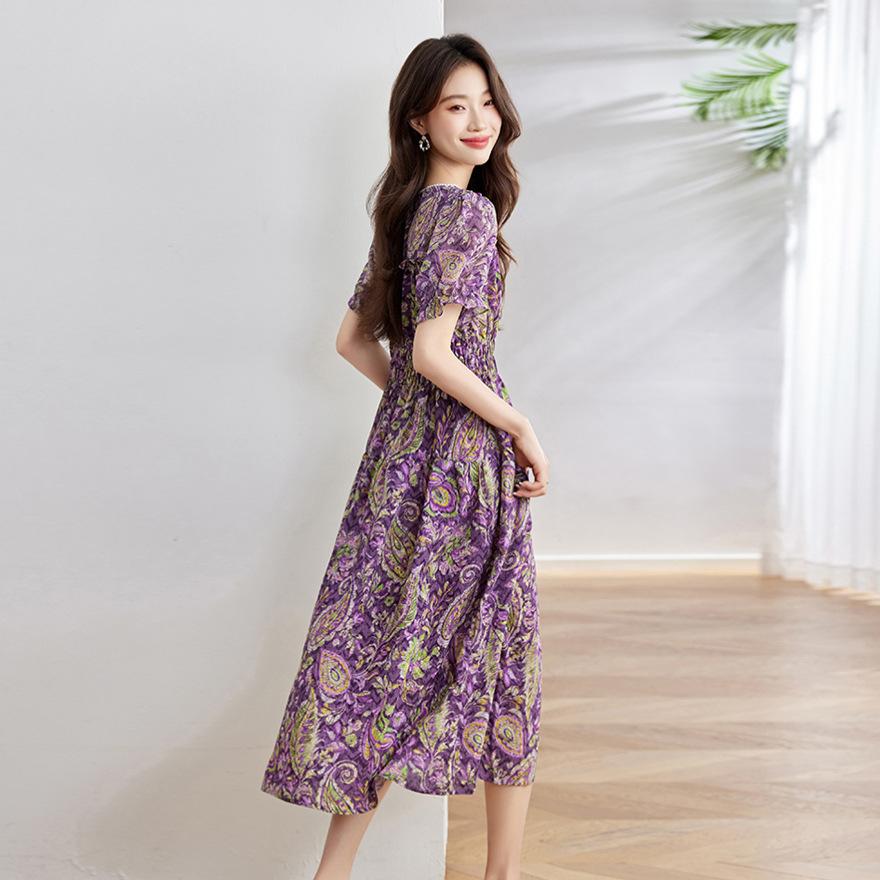 Fashion round neck elastic waist dress  new temperament elegant waist thin floral medium and long skirt