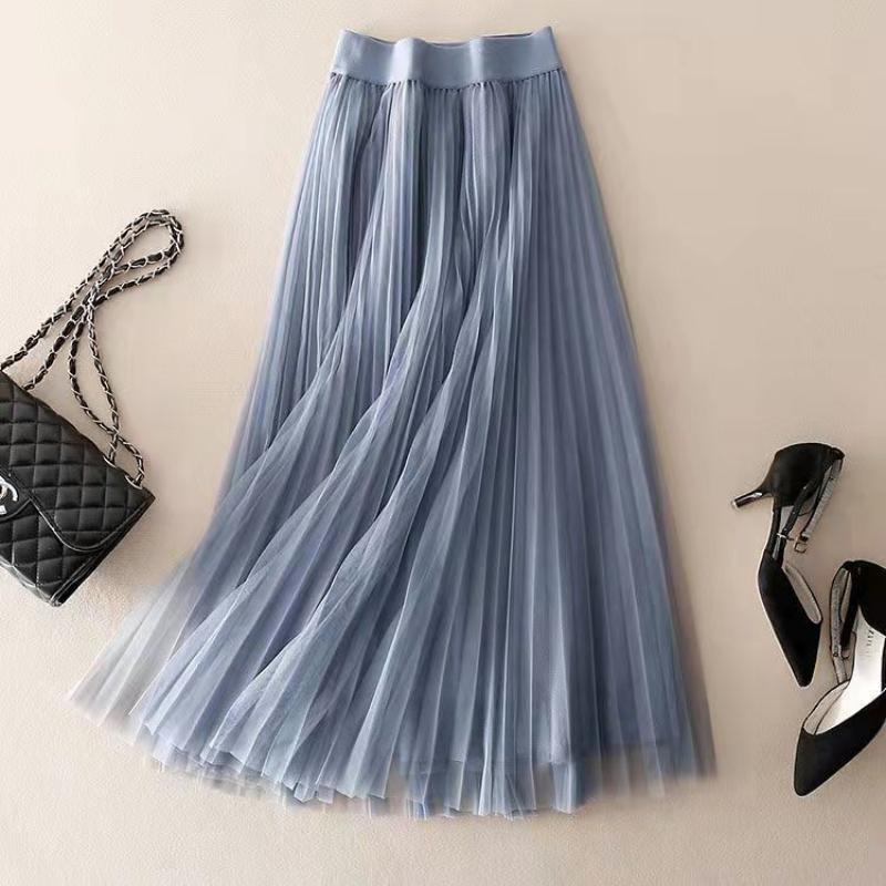 Spring Summer Solid Color Pleated Mesh Skirt Women Classic High Waisted Shirring Slim Temperament Casual Lady Midi Skirt