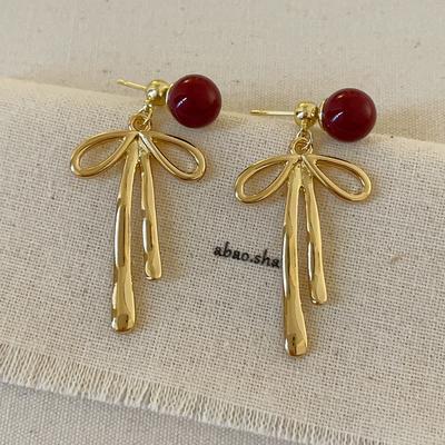 Ankara Red Pearl Bow Stud Earrings Women'S Niche Gentle And Unique Personality Fashion Exquisite Versatile Earrings