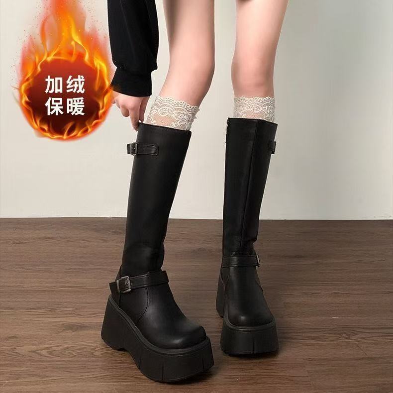 Retro French black platform boots, new summer small fat mm thin and heightened knight boots