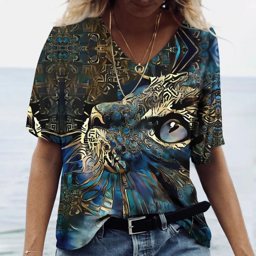 Hot V-neck T-shirt Street Style Y2K Clothing Women's Summer Casual Loose Colorful Cat 3D Printed Short Sleeve Top Retro Style