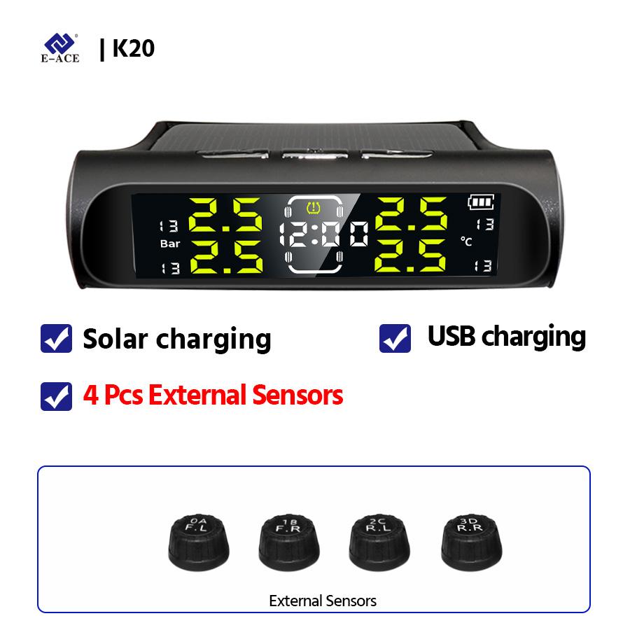 Wireless Solar Charging TPMS Real-time Monitoring with Electronic Clock Display 4 Sensors Tire Pressure Monitoring System Externol Sensors