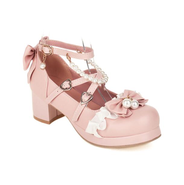Süße Perle Schleife Mädchenschuhe 2025 Damen Absätze Plateau Spitze Prinzessin Mary Jane Lolita Schuhe Party High Heels Damen Pumps30-43