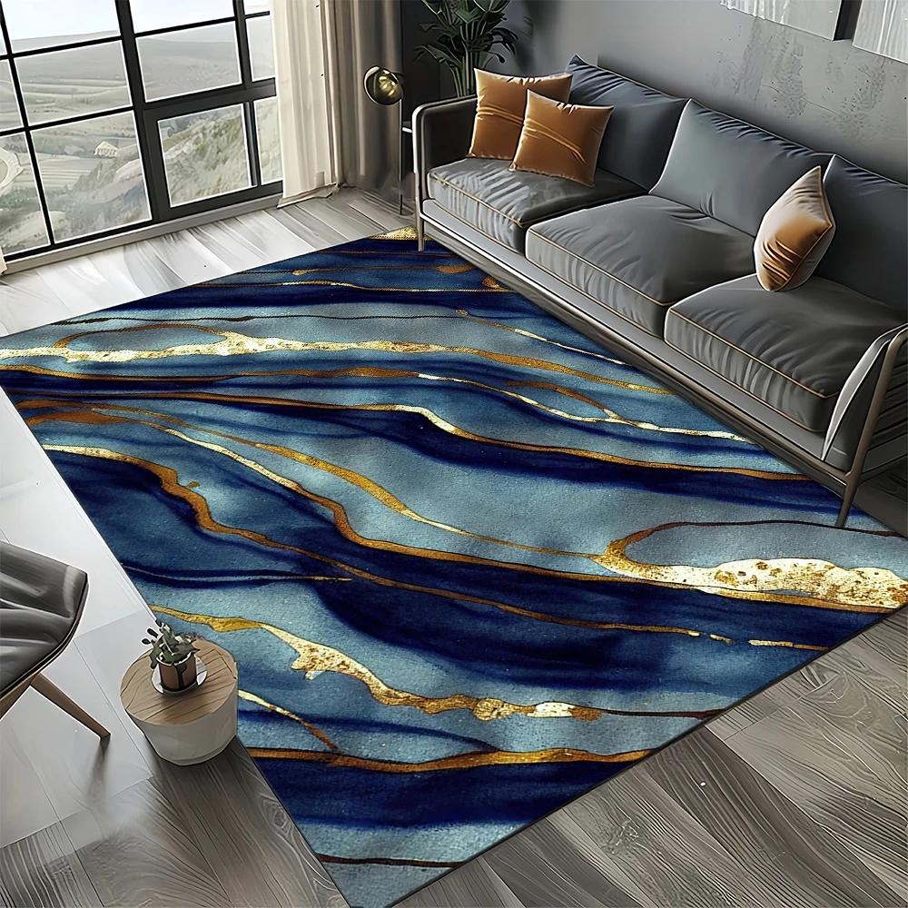 2025 New Style Colour Nature Marble Blue Gold Carpet Rug for Living Room Bedroom Home Sofa Decoration,Kid Non-slip Floor Mat