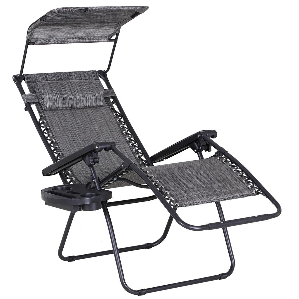 Foldable Reclining Garden Chair with Headrest, Zero Gravity Deck Sun Lounger Seat Chair with Footrest, Armrest, Cup Holder & Canopy Shade, Grey