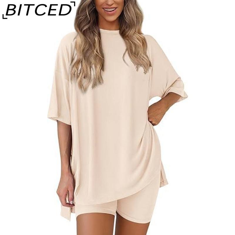 BITCED Women's Spring/Summer Loose-Fit Fashion Solid-Colour Casual Short-Sleeved Top and Shorts Two-Piece Set