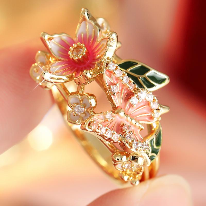 Aesthetic Flower Butterfly Delicate Vintage Rings for Women Elegant Charm Synthetic Zirconia Wedding Banquet Jewelry Accessories