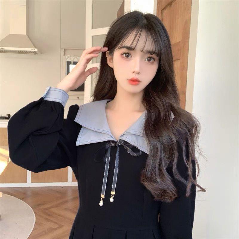 Übergröße Damen Preppy Französisches Marineblau Langarmkleid mit Schlank machender Taille und Figurbetonter Passform