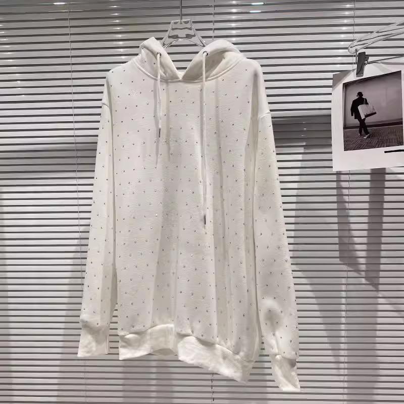 Extra Large Rhinestone Starry Loose Hooded Sweater for Women (Spring/Autumn, Fits 200-300 Lbs)