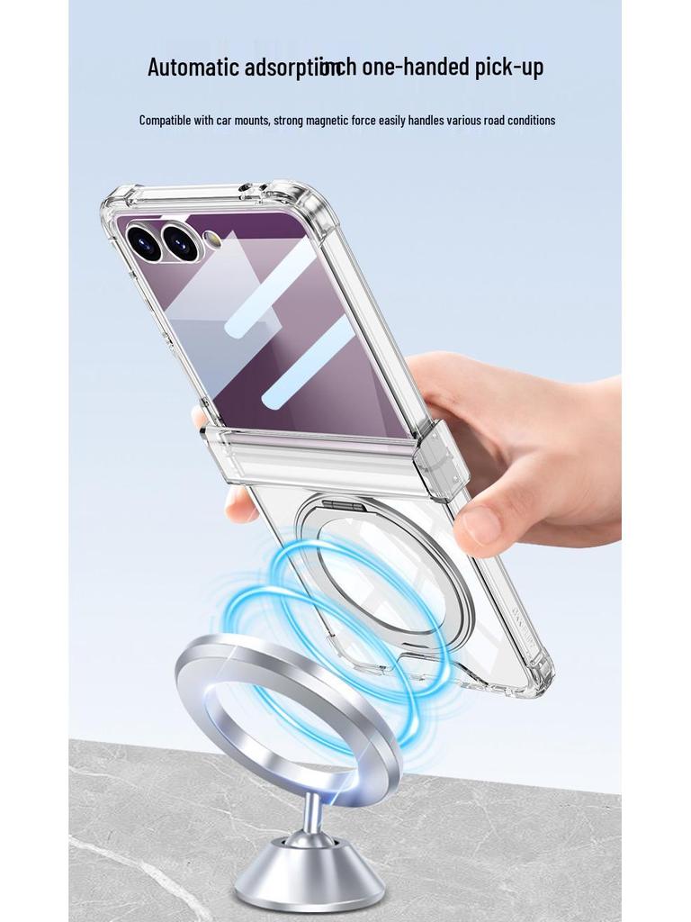 Etui na Samsunga Z Flip7: Wysokiej klasy przezroczysty magnetyczny z powłoką galwaniczną i obracanym o 360° stojakiem