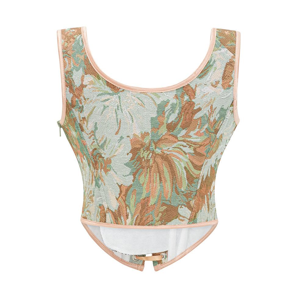 Corsé con cordones estilo francés Top con estampado floral Chaleco ajustador de cintura Sin mangas Cuerpo estructurado Ropa de abrigo