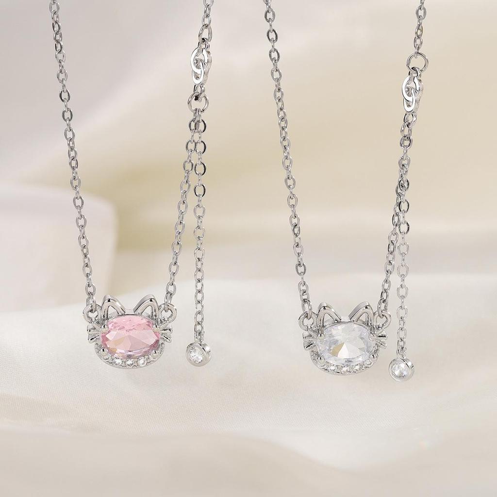 Yi Xuan Lively Cat Zirconia Clavicle Necklace - Cute 3D Diamond Cat Design for Girls