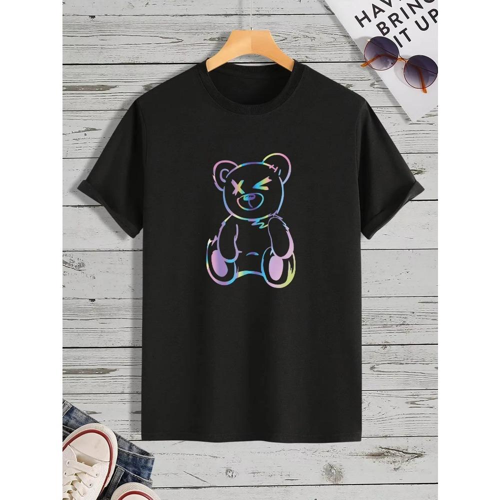 

Футболка с принтом Letter Bear 100% хлопок, летняя, 2023 г., высокого качества, Harajuku Clothing, для отдыха, уличного фитнеса, футболка с круглым вырезом M