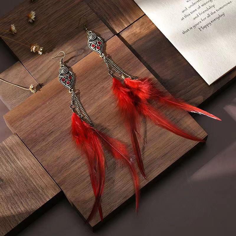Trendy Ethnic Retro Multicolor Feather Beaded Circle Dangle Earrings