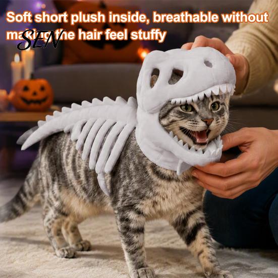 Haustier Süßes oder Saures Outfit Dinosaurier Skelett Kostüm, Weicher Plüsch T-Rex Halloween Leuchtendes Knochenzahnrad Outfit, Lustige Cosplay Kleidung für Katzen