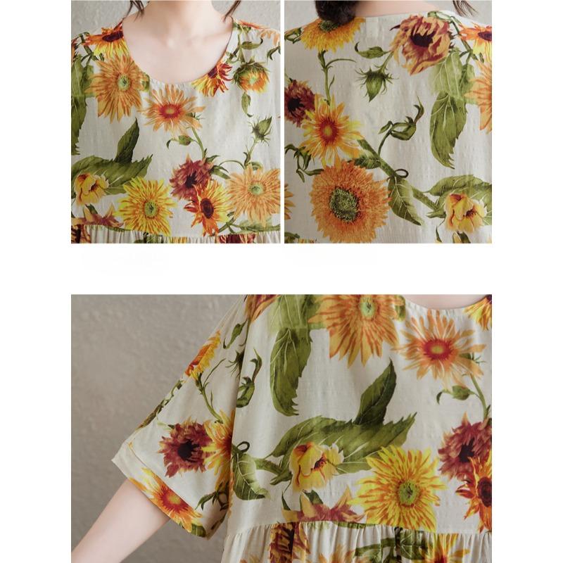 DIMANAF 2025 Summer Plus Size Long Dress Basic Women Casual Loose Vintage Flower New Printing Beach Dress Maxi