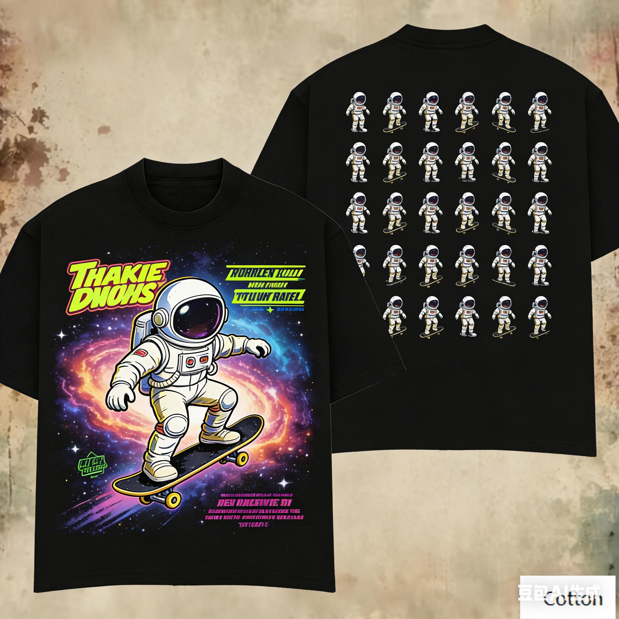 

Oversized Black Cotton TShirt with Bold Astronaut Skateboarder Graphic and Repeated Print Unisex Streetwear Tee 4XL