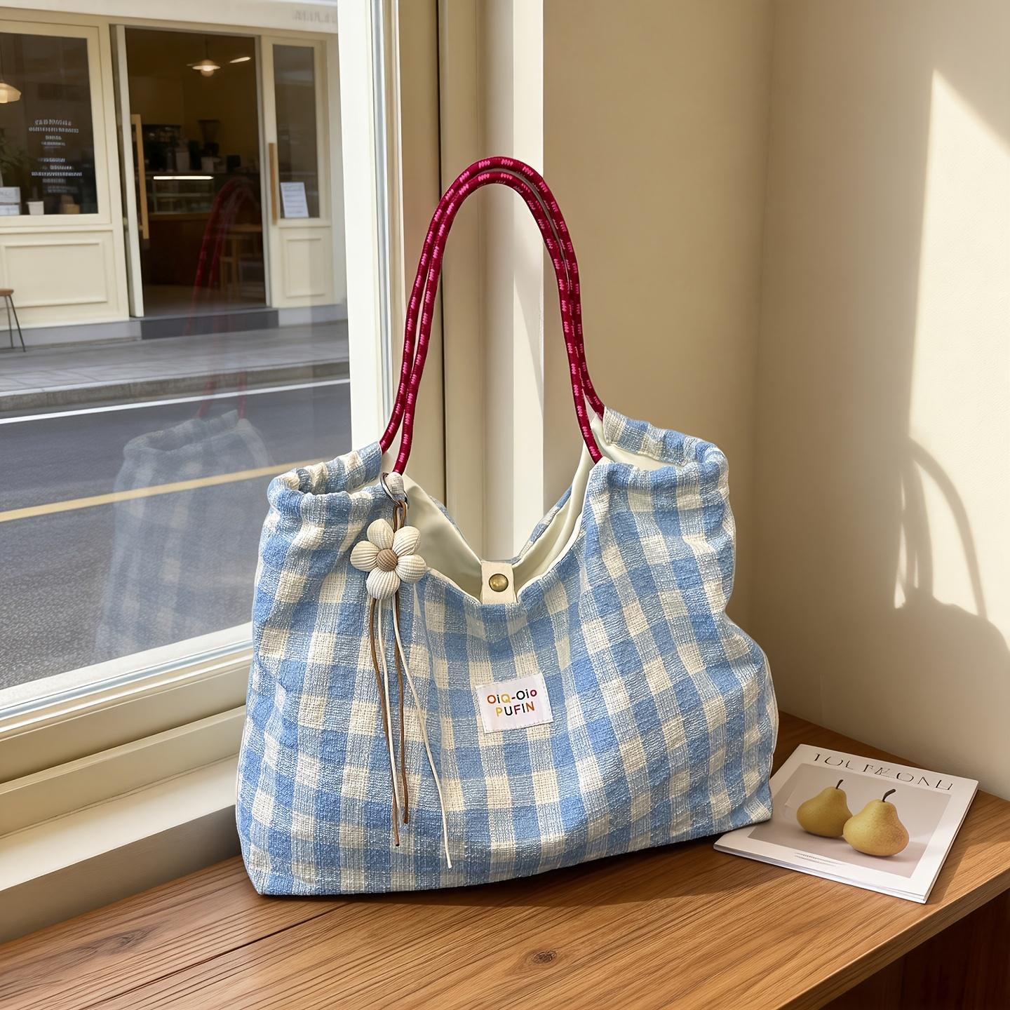 Stylish women s crossbody bag, dopamine-inspired plaid pattern, colorful shoulder strap, portable shoulder bag/handbag, comes with a free flower Blue+Flower hanging decor