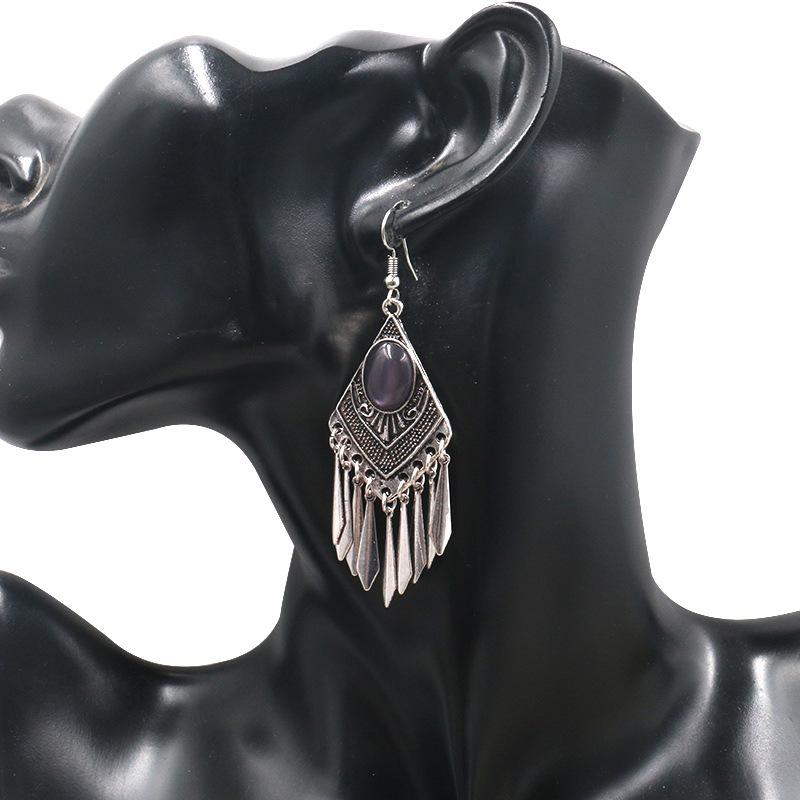 GemChic Women's New Vintage Rhomboid Natural Stone Long Tassel Fringe Earrings Ethnic Fashion Hook Earrings Birthday Christmas Jewelry Gift