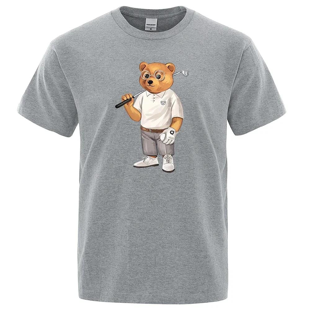 Gentleman Teddy Bear Playing Golf Men T Shirts Summer Cotton Sweat T-Shirts Breathable Loose Clothes Hip Hop Street Short Sleeve