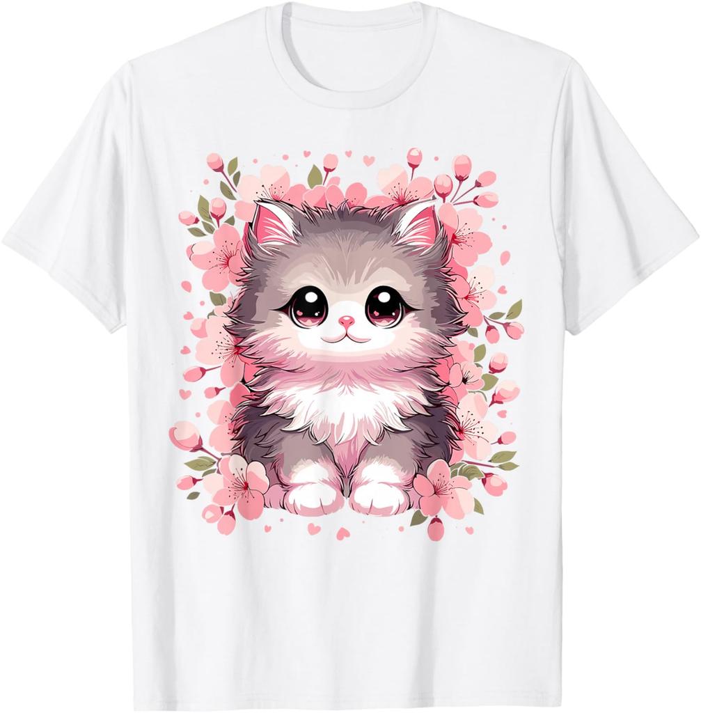 Cute Kawaii Kitten Cherry Blossoms Graphic T-Shirt Soft Cotton Casual Round Neck Tee
