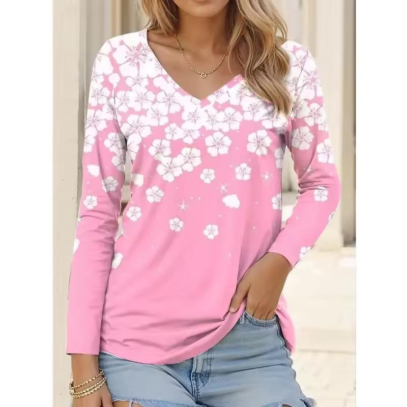 Women's T-Shirt Floral Graphic Flower Elegant Fashion Tee Long Sleeve T-shirts V-Neck Regular Tops Pullover Fall Winter