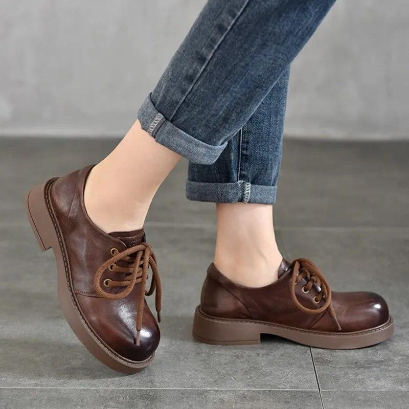 Johnature Low Heel Pumps Genuine Leather Lace-up Versatile Retro British Style Round Toe Women's Shoes